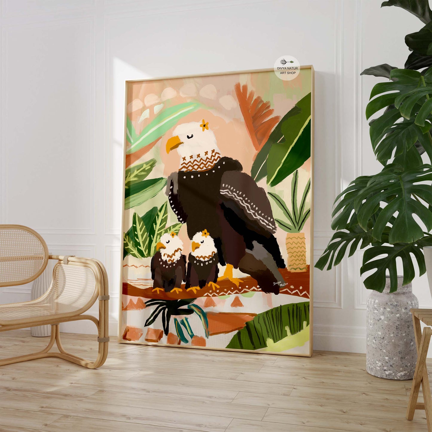 Regal eagle family illustration with decorative folk details, archival giclée fine art print