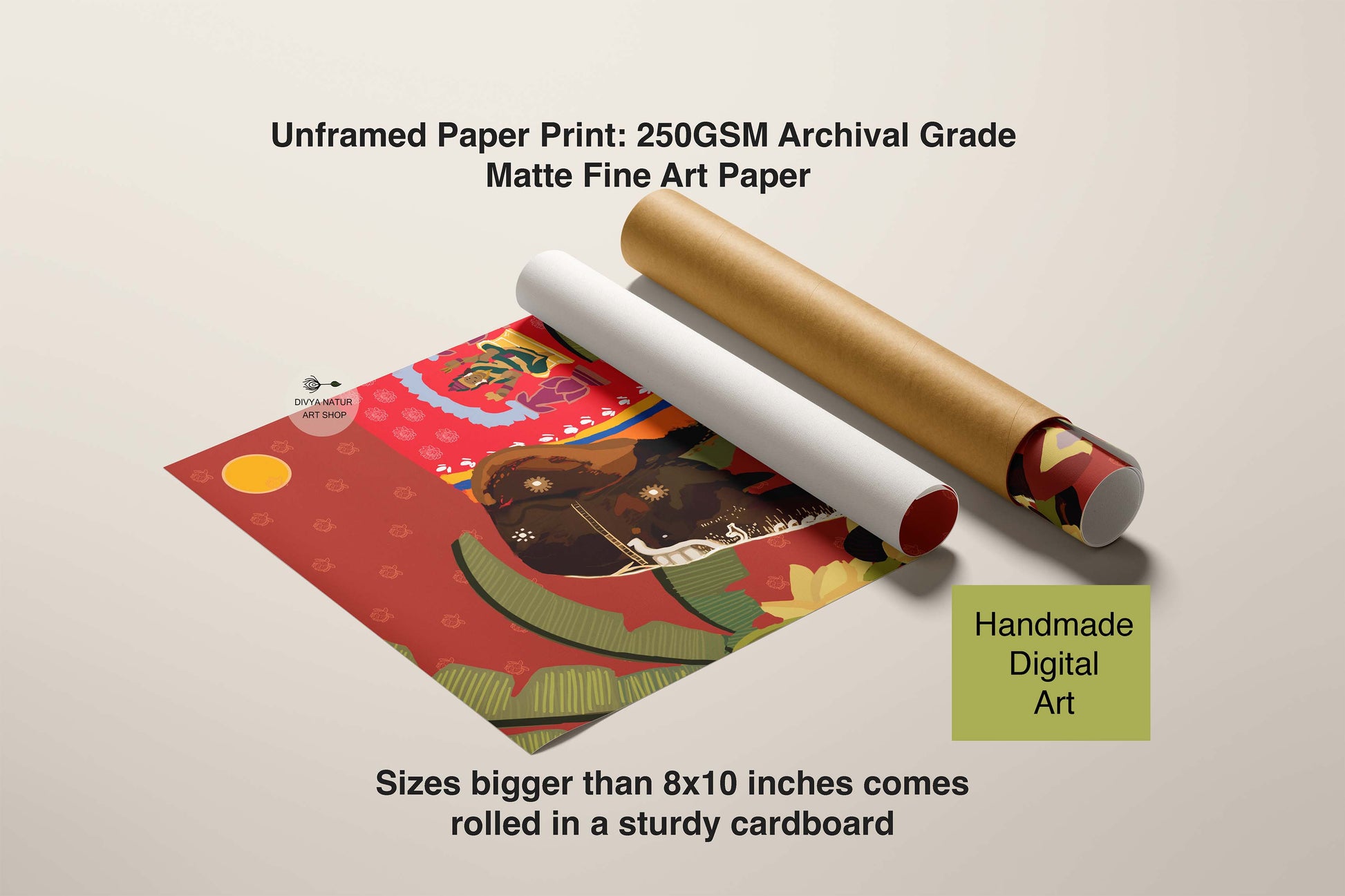 Artistic elephant painting in red with tropical leaves, ideal for elegant home wall decor.