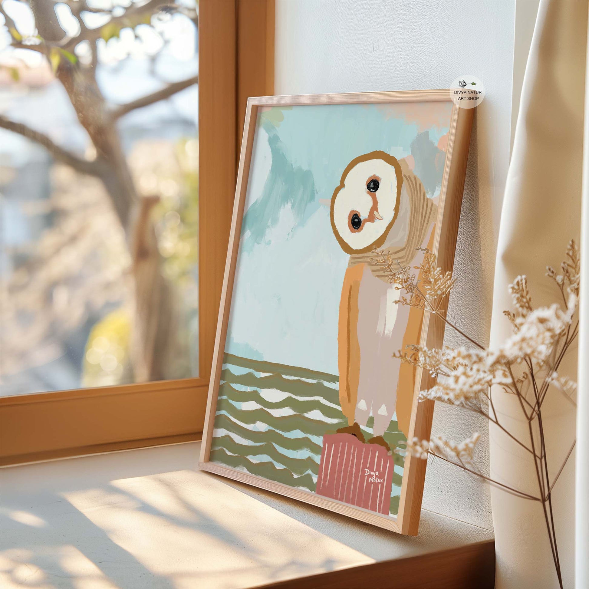 Modern barn owl wall art with seaside setting, whimsical bird painting in warm and cool tones