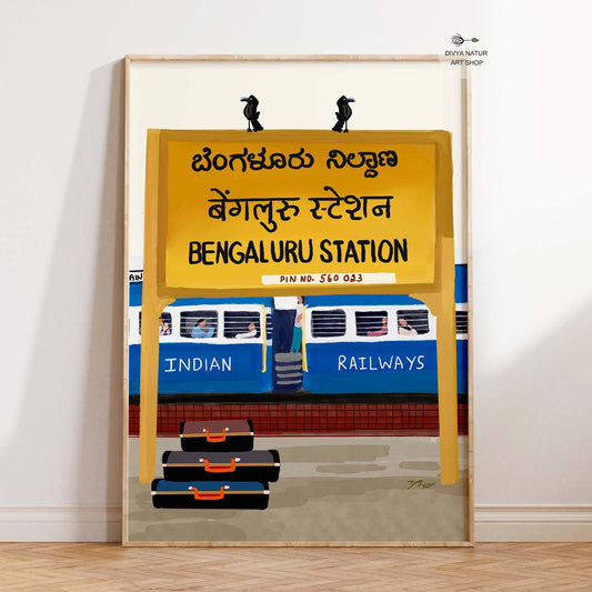 Bengaluru Station digital painting with iconic yellow signboard in Kannada, Hindi, and English.