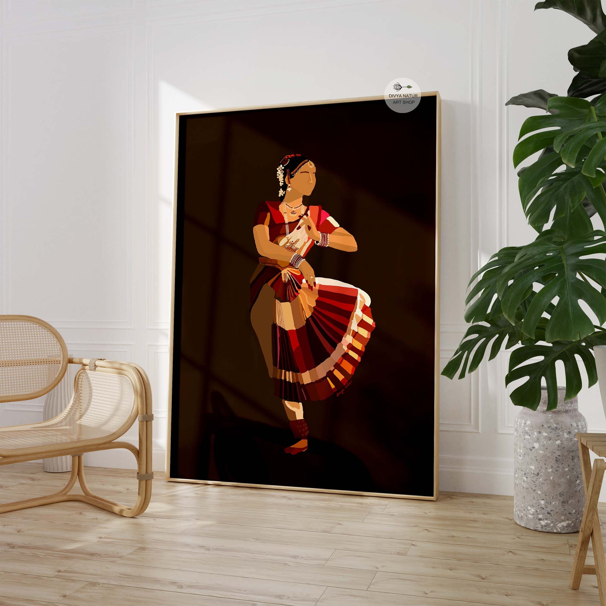 Elegant Indian classical dancer artwork with intricate jewelry and flowers