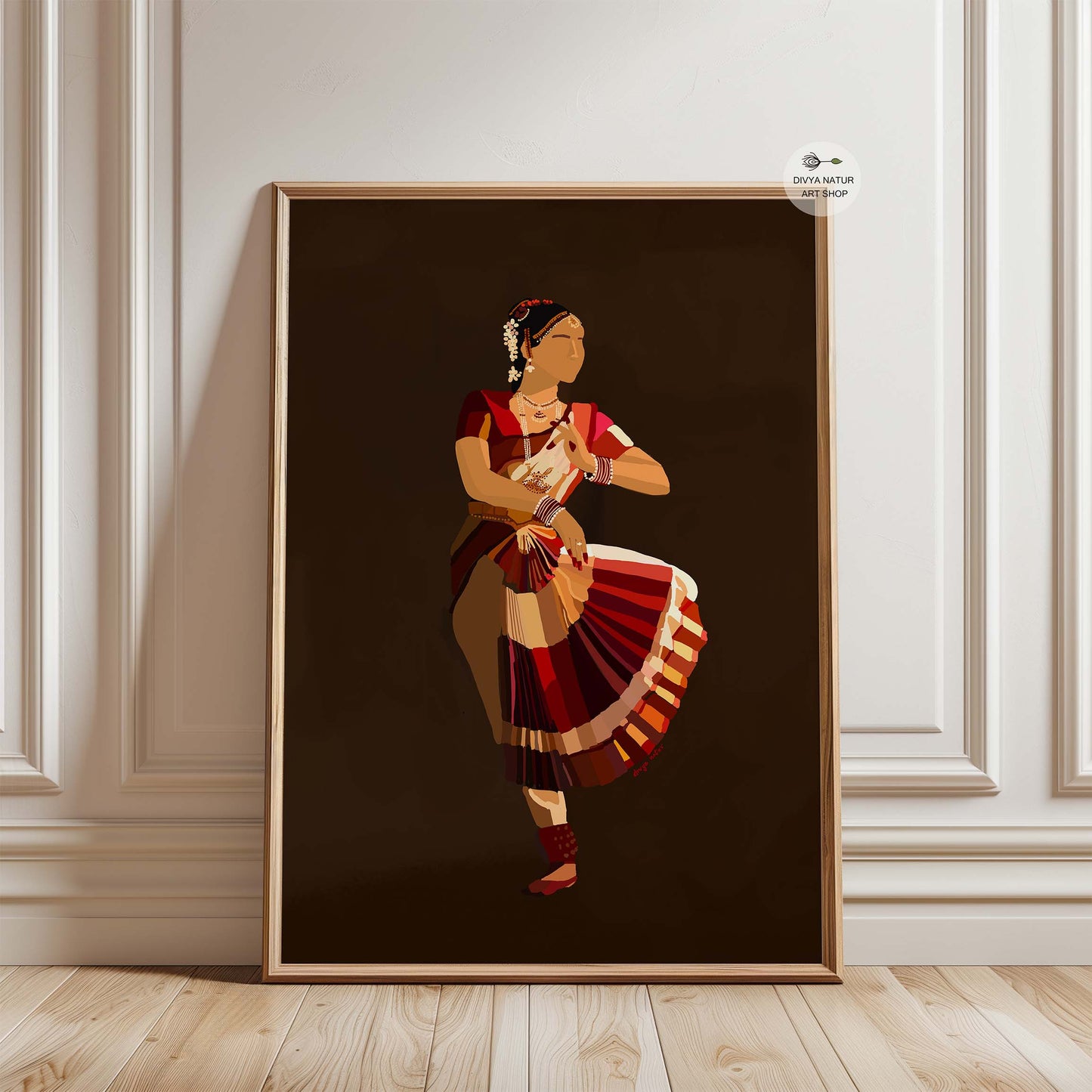 Indian dance wall art featuring a graceful Bharatanatyam dancer
