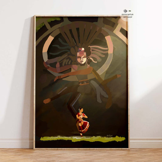 Digital painting of Lord Nataraja in a cosmic dance with Bharatanatyam dancer