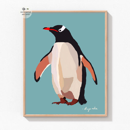 Modern penguin illustration on teal background, fine art wildlife print for ocean-inspired décor