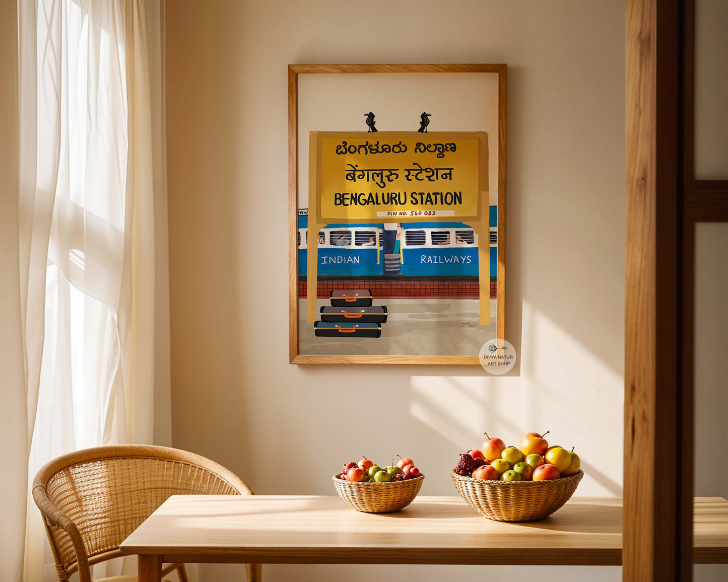 Indian Railways themed artwork showcasing the vibrant culture of Bengaluru’s train station.