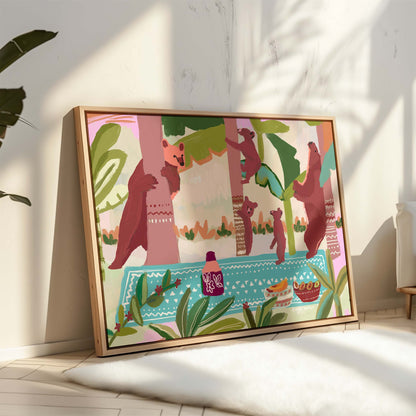 Playful wildlife artwork with bears climbing trees and a picnic spread in bright tropical colors