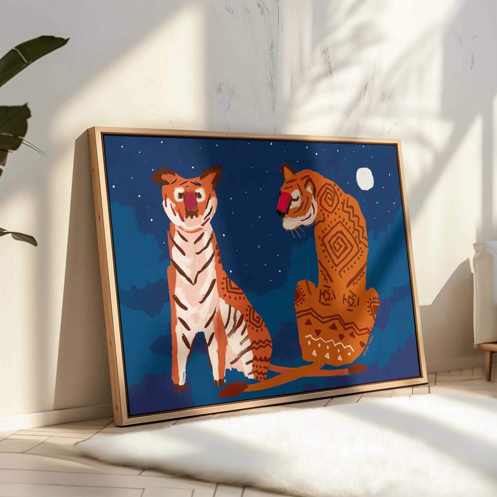Tribal-inspired tiger artwork featuring geometric patterns and celestial moonlit jungle setting