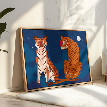 Tribal-inspired tiger artwork featuring geometric patterns and celestial moonlit jungle setting