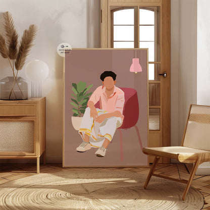 Elegant faceless character illustration with earthy tones.