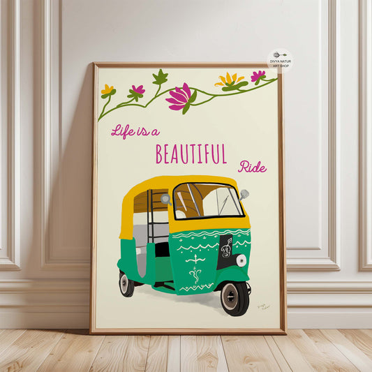 Framed poster with a colorful auto-rickshaw illustration and 'Life is a Beautiful Ride' text on a beige background.