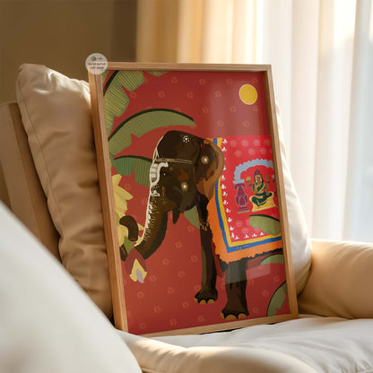 Decorative fine art elephant poster with bold festival drapery and intricate ethnic details.