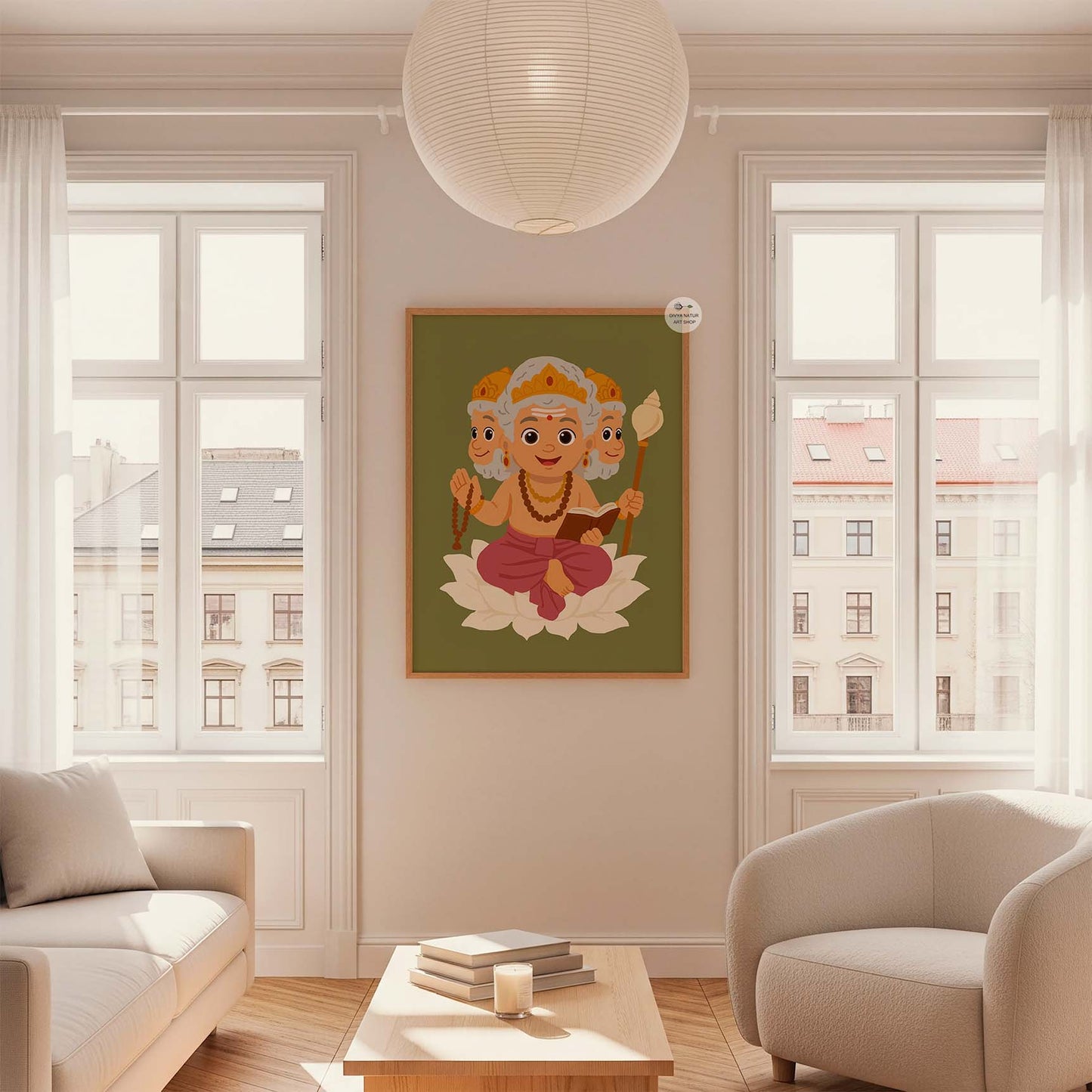 Premium Hindu deity artwork of Lord Brahma with four faces holding book and prayer beads