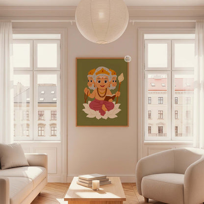 Premium Hindu deity artwork of Lord Brahma with four faces holding book and prayer beads