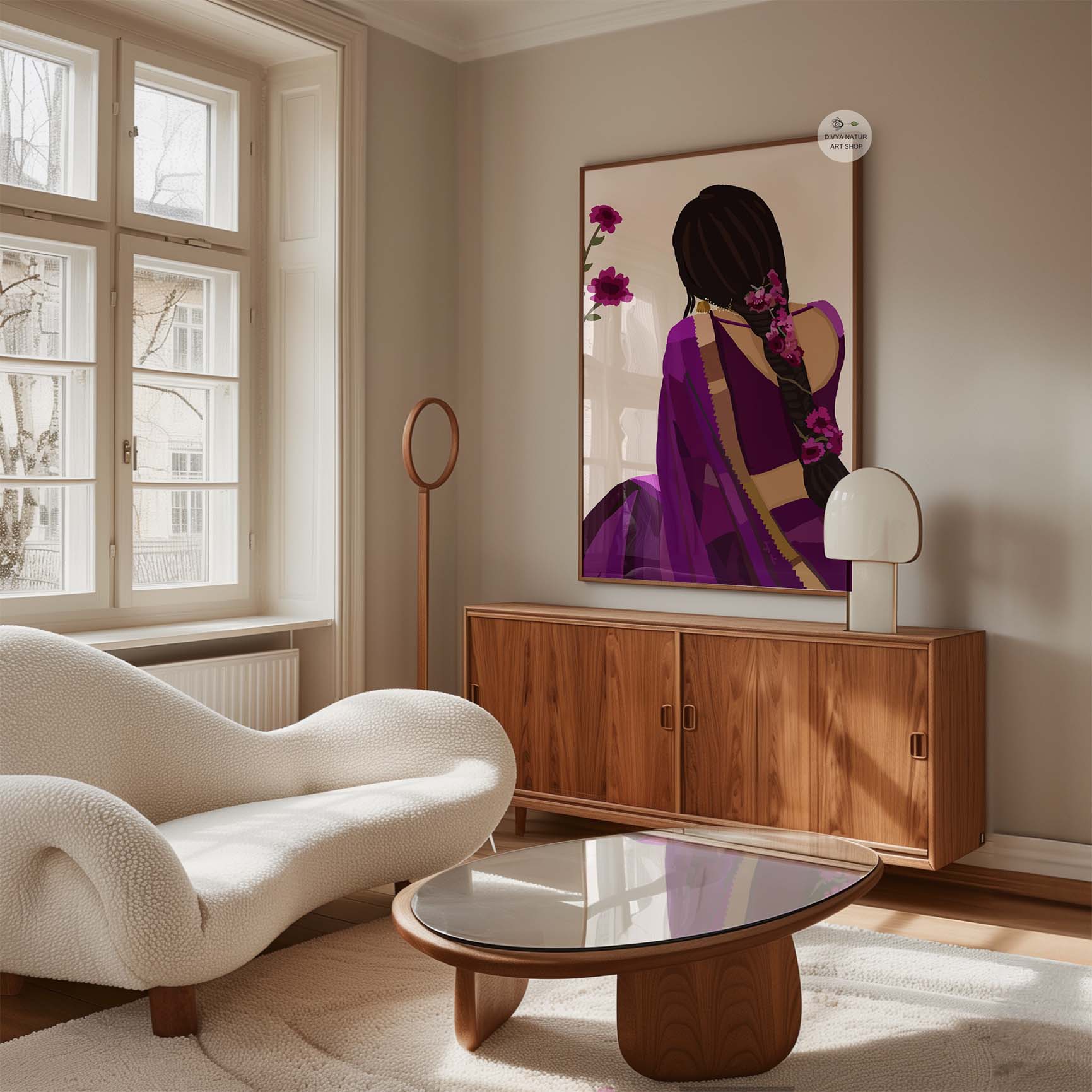 South Indian traditional woman wall art with purple saree and flowers