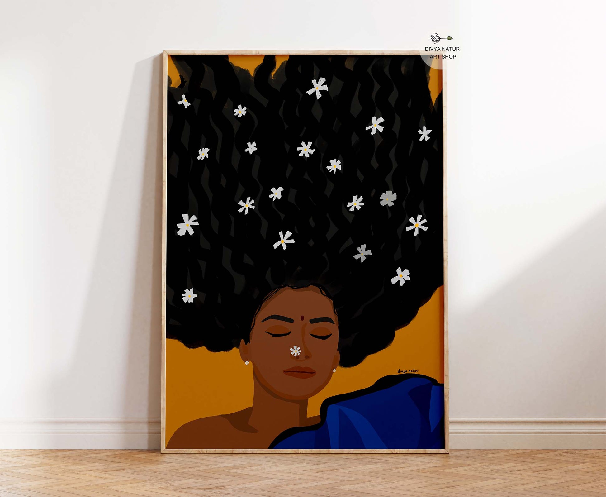 Fine art print of serene woman with flowers in her hair and closed eyes