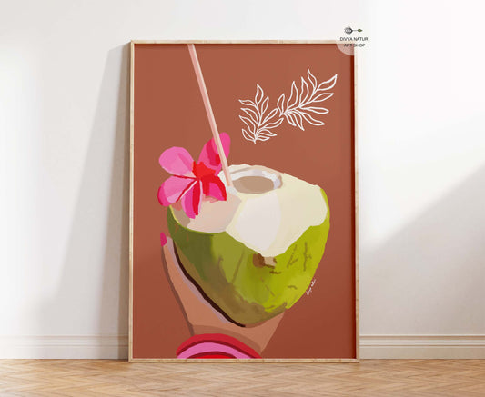 Hand illustrated tender coconut wall art with tropical flower
