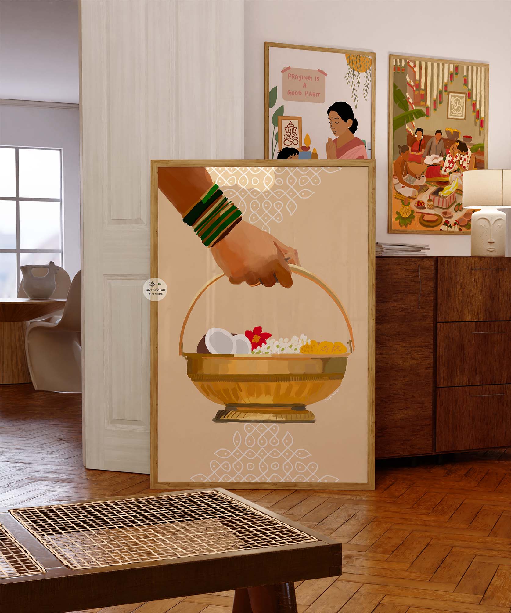Traditional Indian basket illustration used for rituals and festive home décor