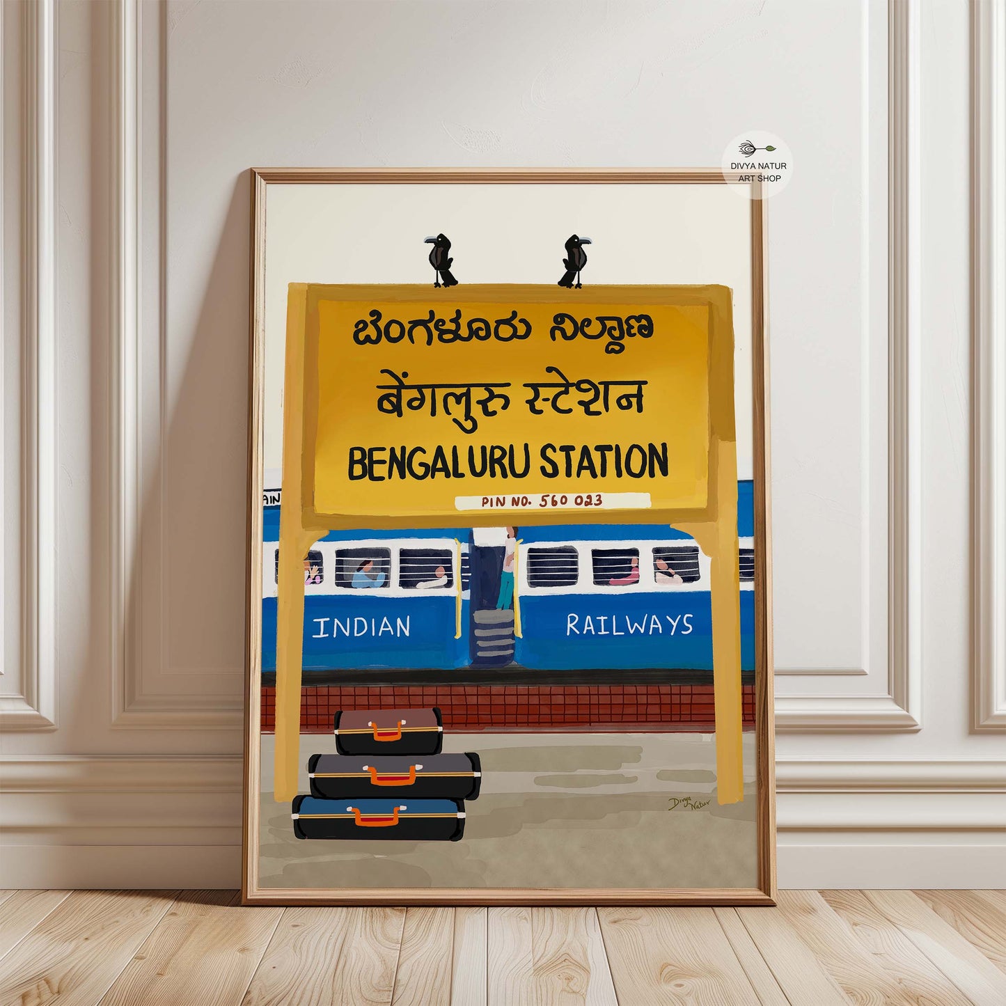 Karnataka railway station digital illustration with colorful travel elements and signage.