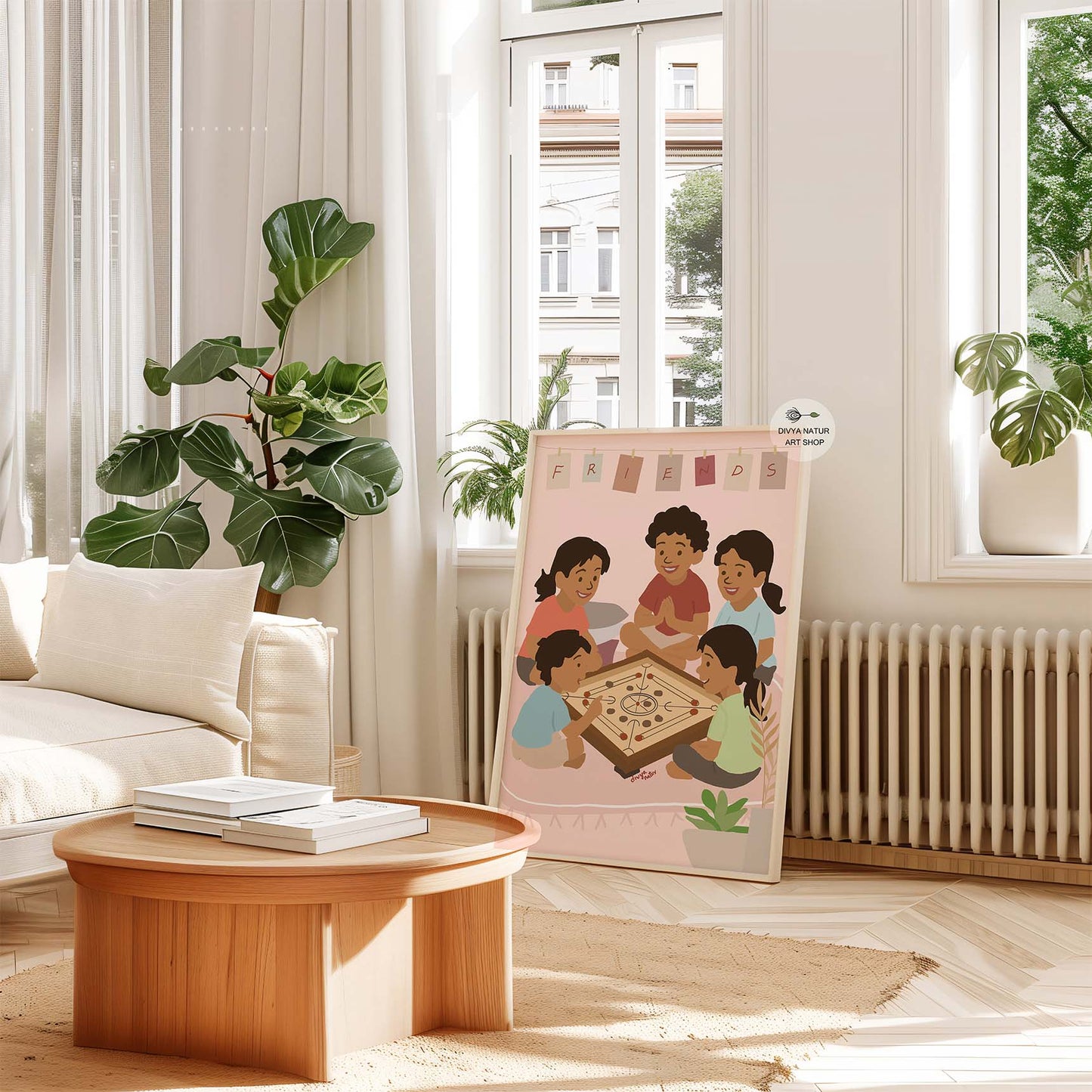 Friends gathered around traditional carrom board game in colorful Indian home illustration