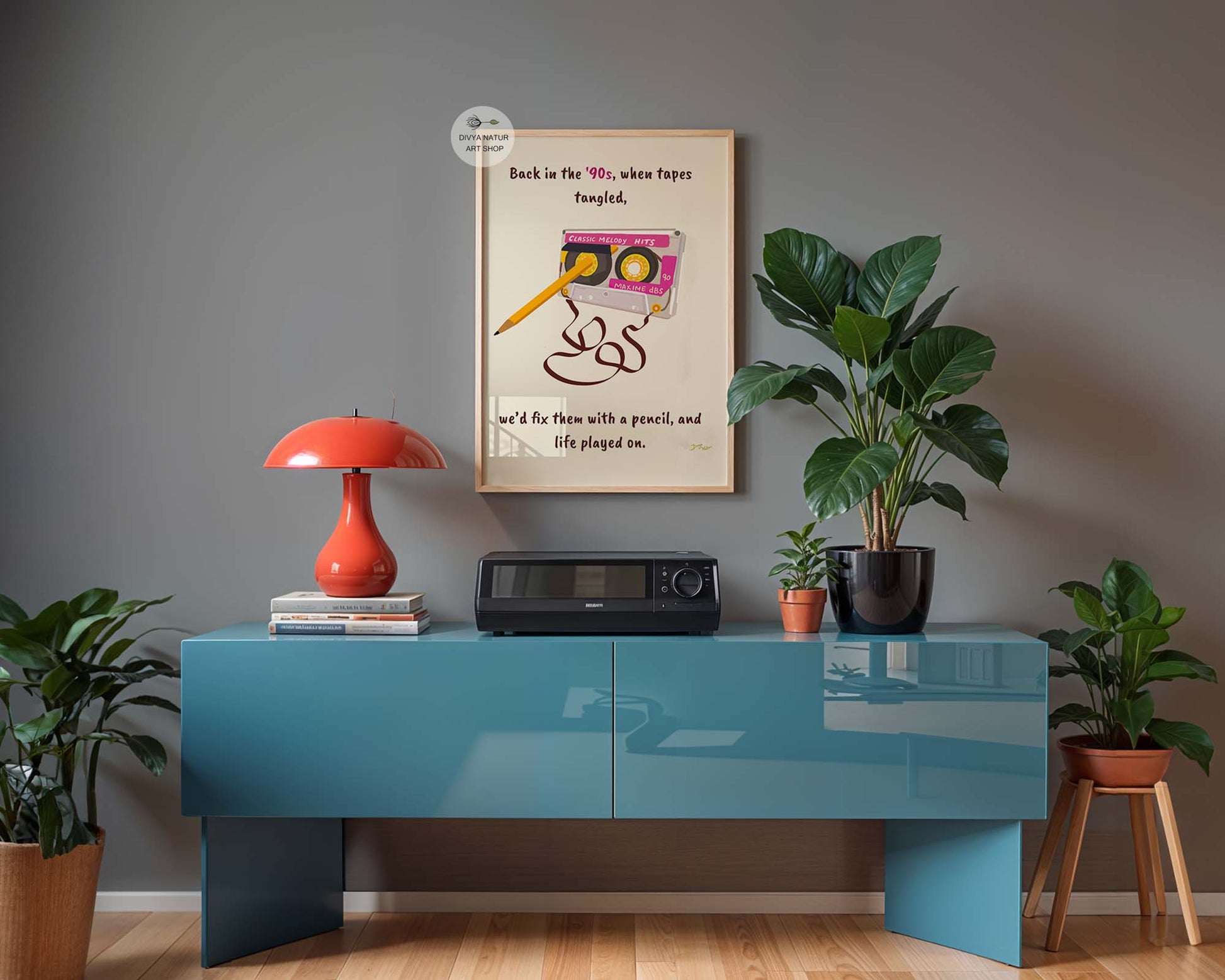 Nostalgic 90s music art print featuring cassette and pencil fixing tangled tape