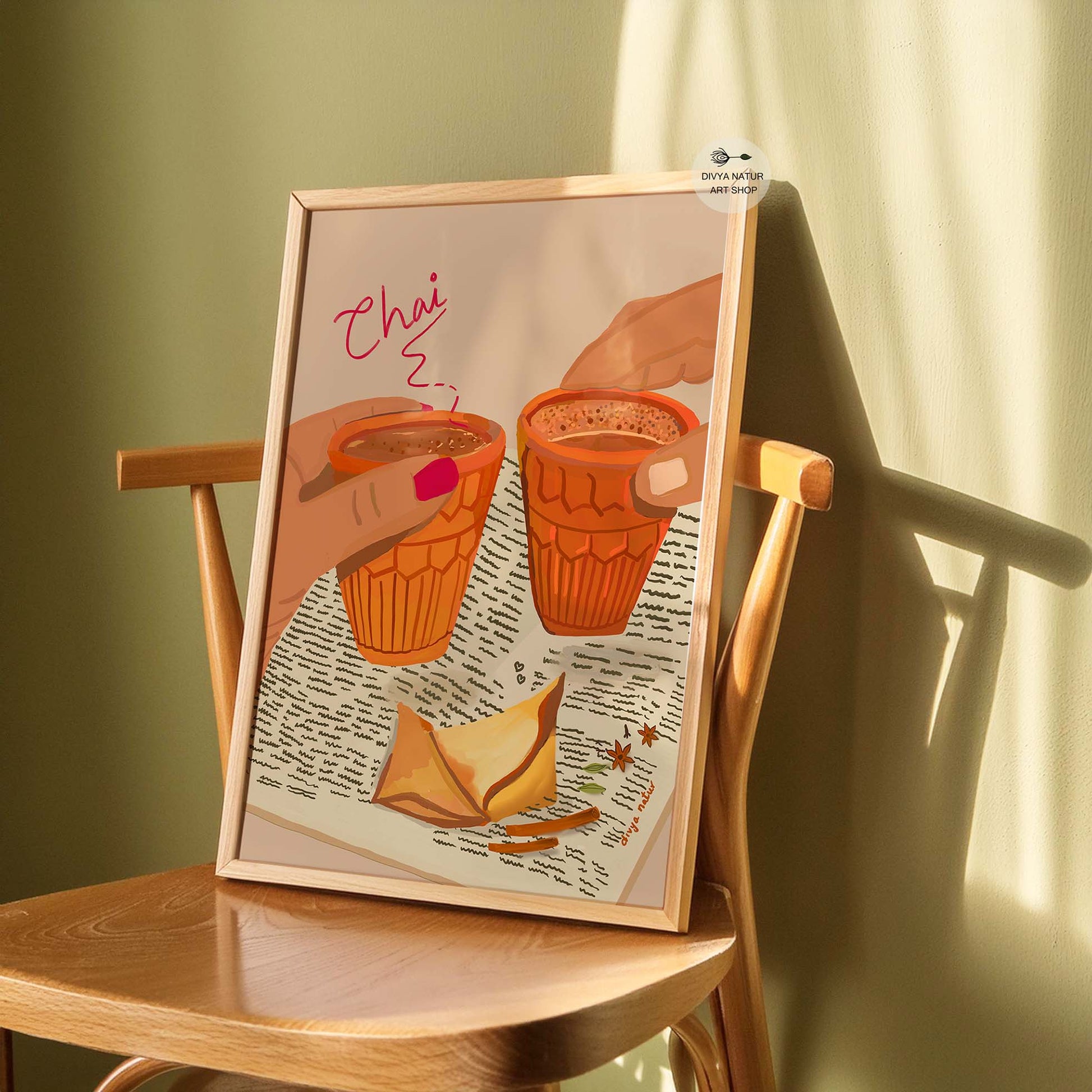 Hand-illustrated kulhad chai and samosa painting for kitchen wall décor