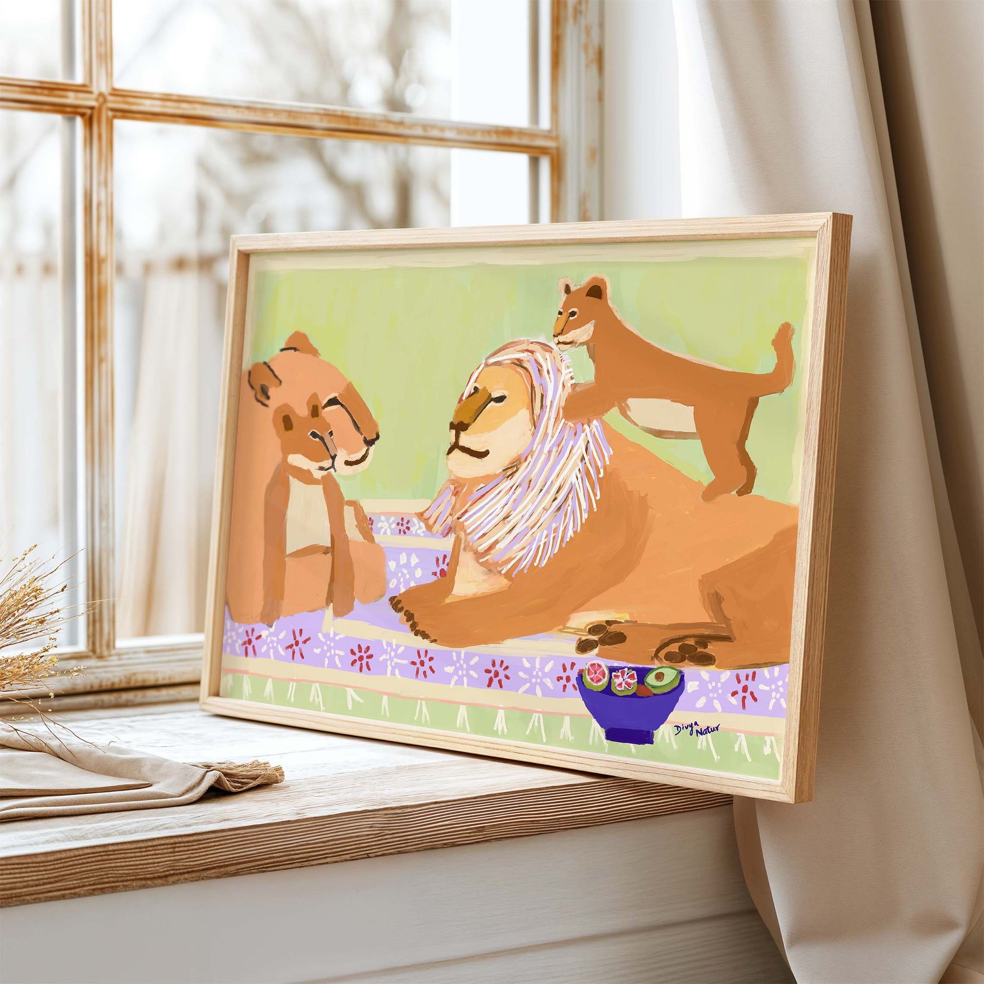 Lion family resting together, lioness and cubs with regal lion, fine art print for nurseries