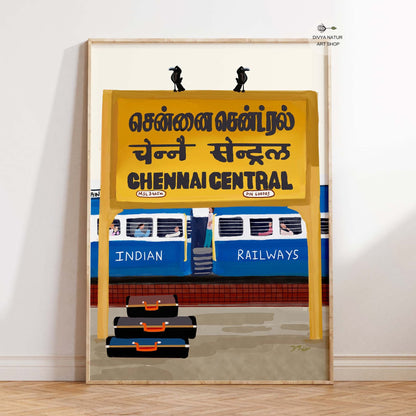 Chennai Central Station digital painting with a yellow signboard in Tamil, Hindi, and English.