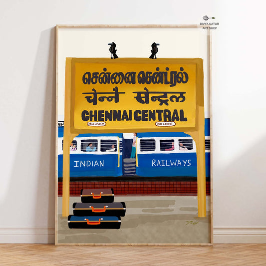 Chennai Central Station digital painting with a yellow signboard in Tamil, Hindi, and English.