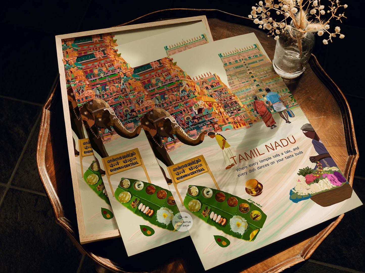 Traditional Tamil cuisine served on a banana leaf in a detailed digital painting.
