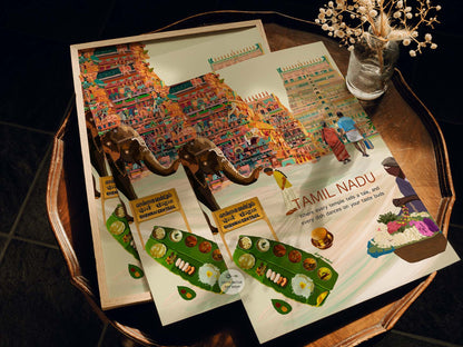 Traditional Tamil cuisine served on a banana leaf in a detailed digital painting.
