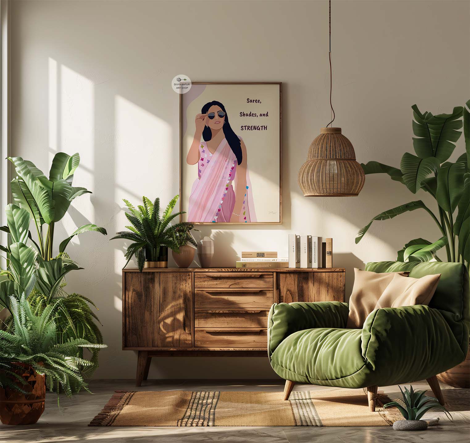 Stylish woman in a pink saree with sunglasses, empowering art for office or home.