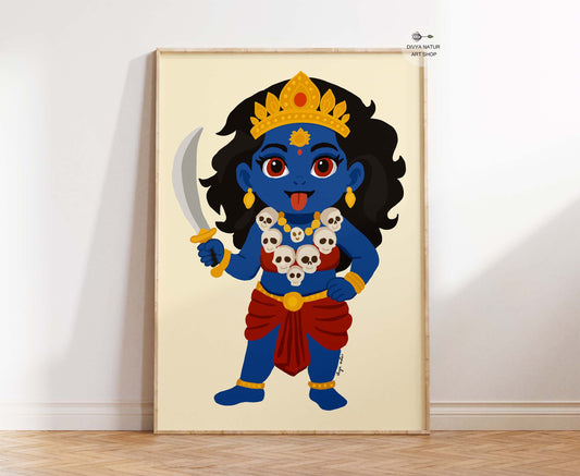 Baby Kali Goddess fine art print in blue with sword and golden crown