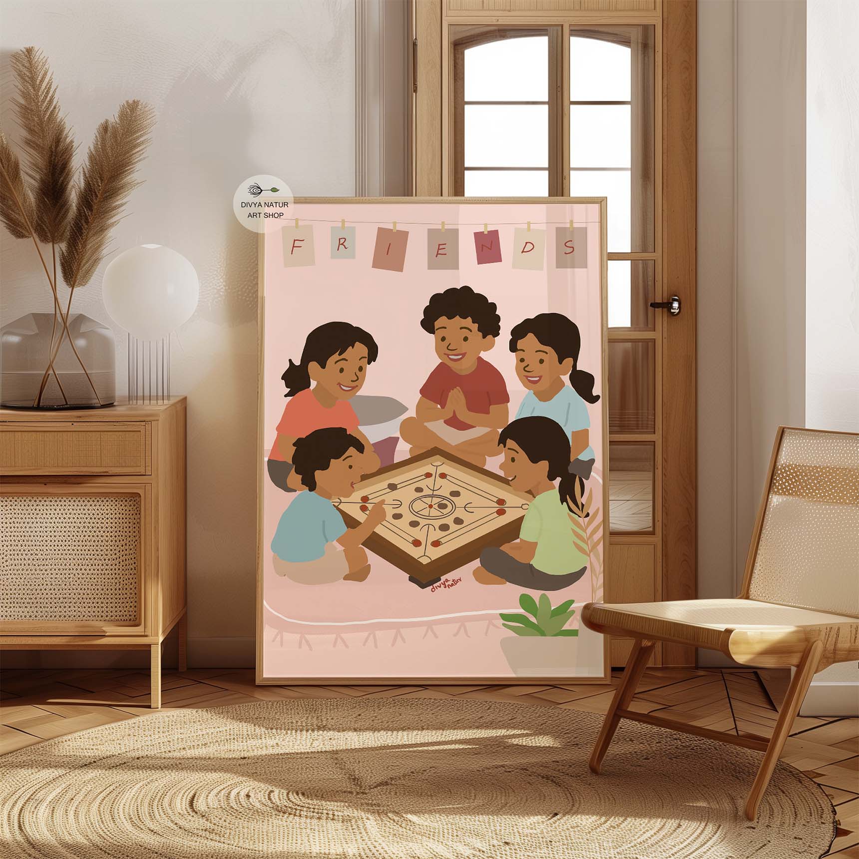Indian childhood wall art featuring kids enjoying indoor board game and bonding