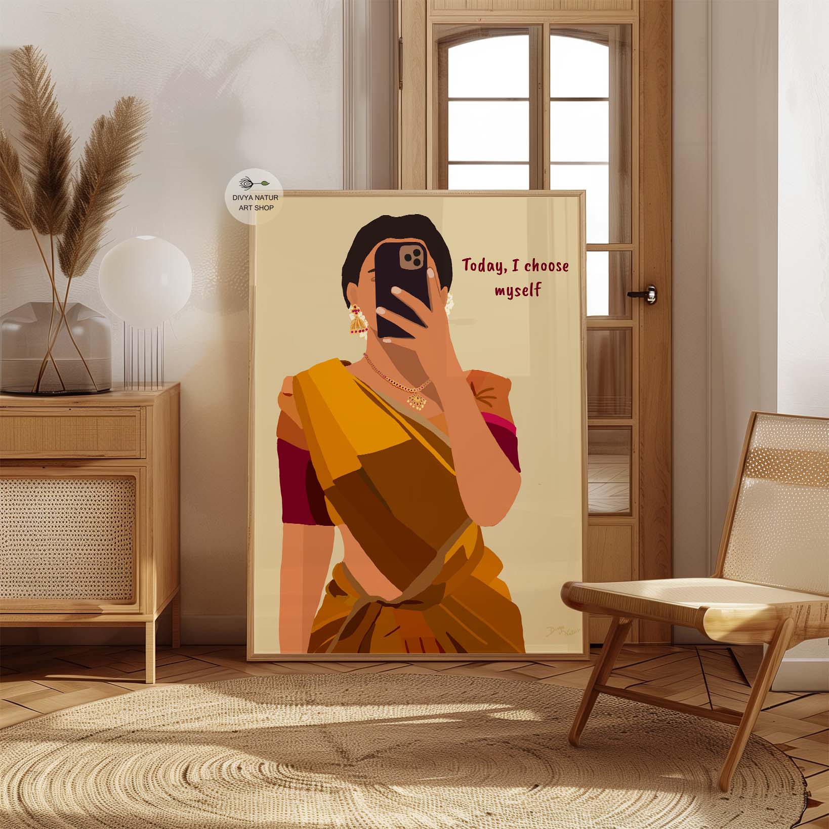 Modern Indian woman in saree with self-love quote art print.
