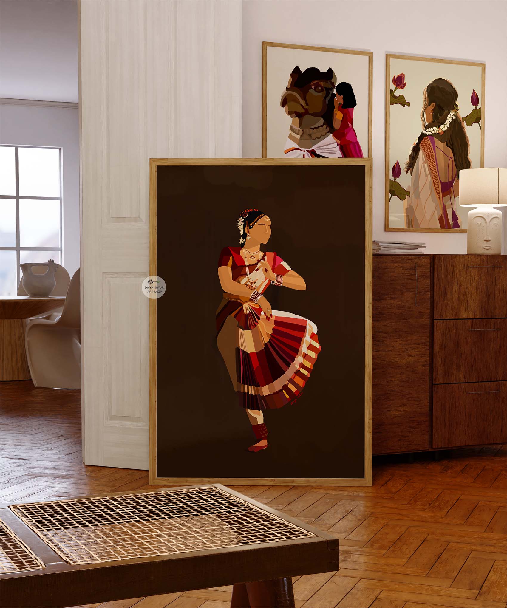 Traditional Indian dancer illustration against a deep brown background