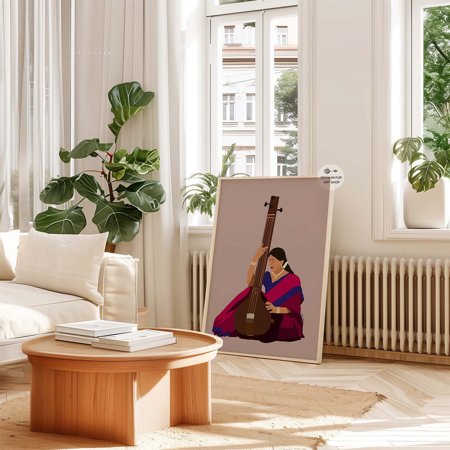 Traditional Indian classical music artwork featuring a tanpura.
