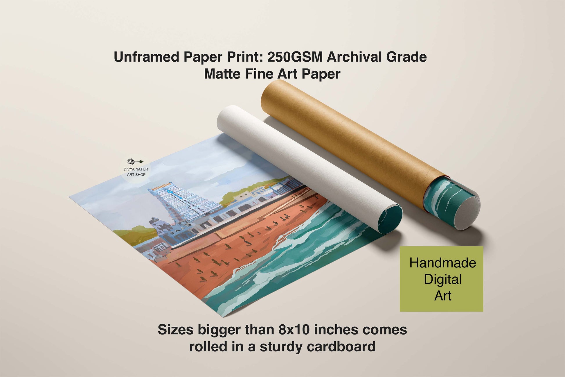 Unframed paper print with a roll of matte fine art paper on a beige background