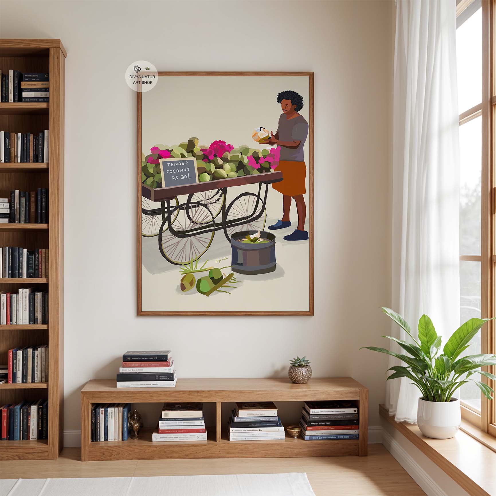Modern tropical art print featuring coconut cart and man selling tender coconuts.