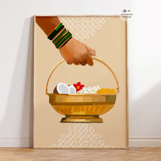 Indian puja basket with coconut, jasmine, marigolds, and bangles – ethnic festive art print