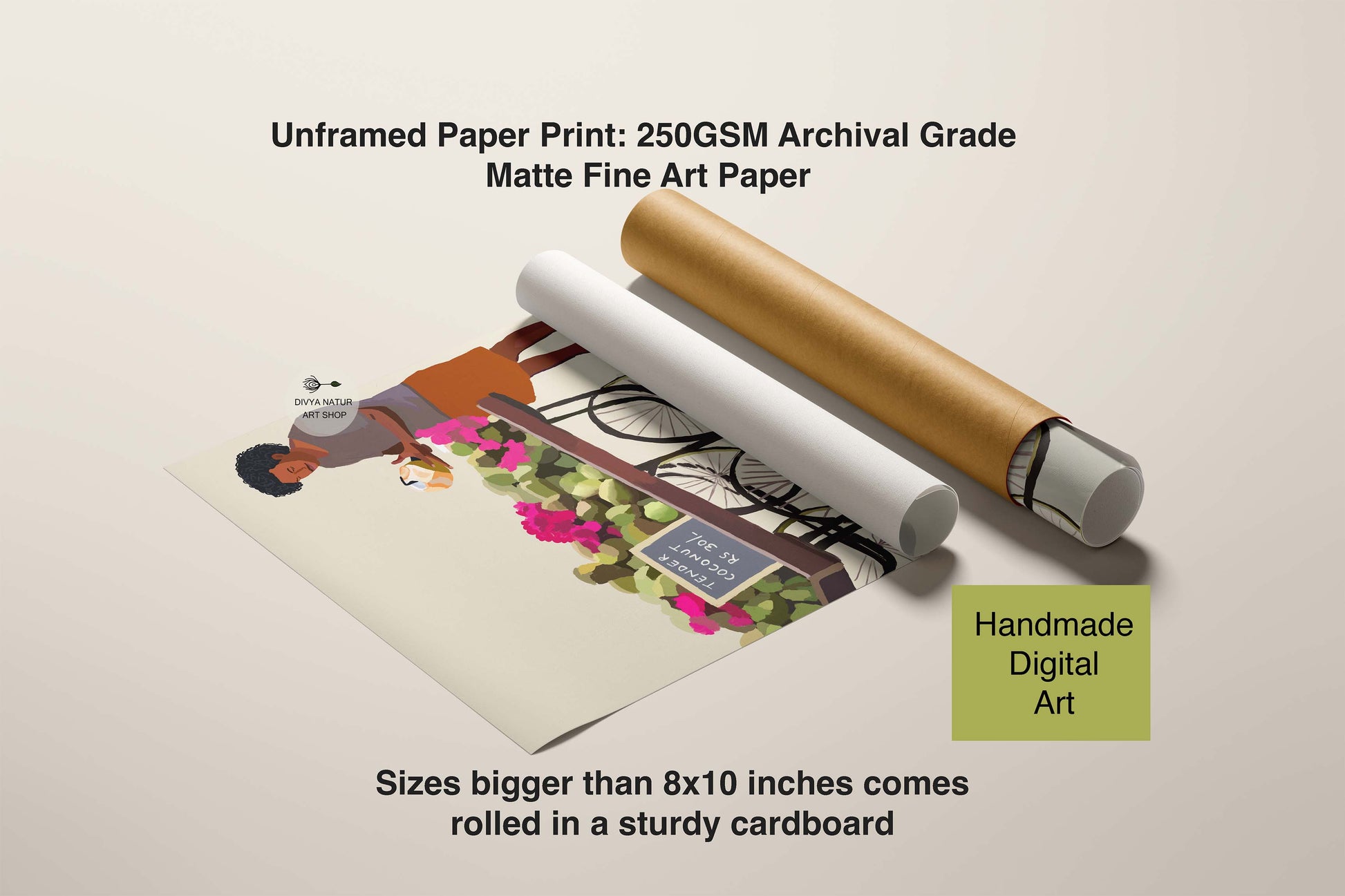 High-quality fine art of South Indian coconut vendor under warm tropical sunlight.