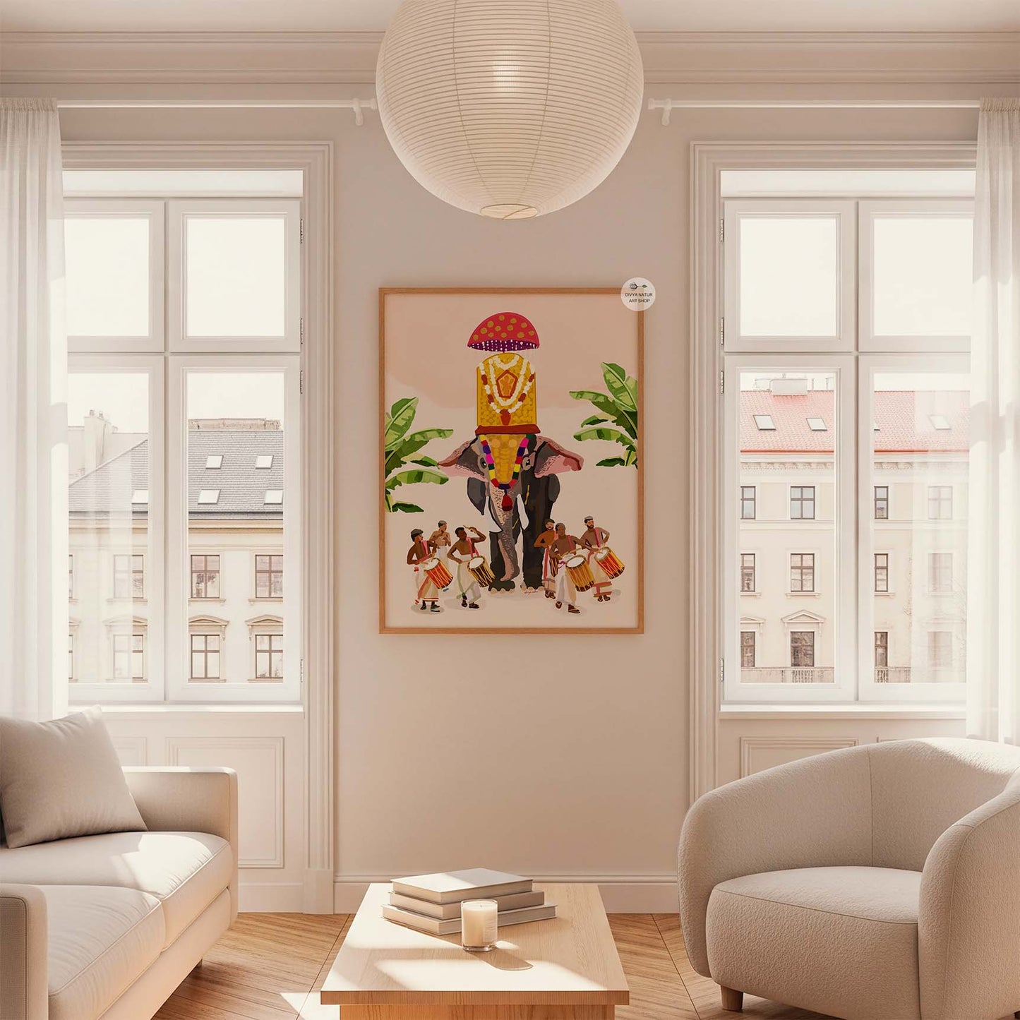 South Indian temple festival artwork with elephant parade and musicians in festive attire