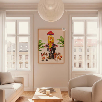 South Indian temple festival artwork with elephant parade and musicians in festive attire