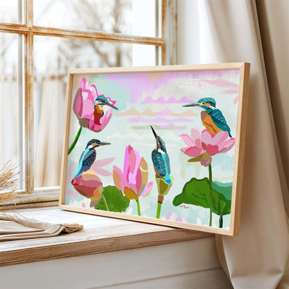 Colorful kingfisher and lotus flower painting, giclée print for meditation or nature-inspired interiors