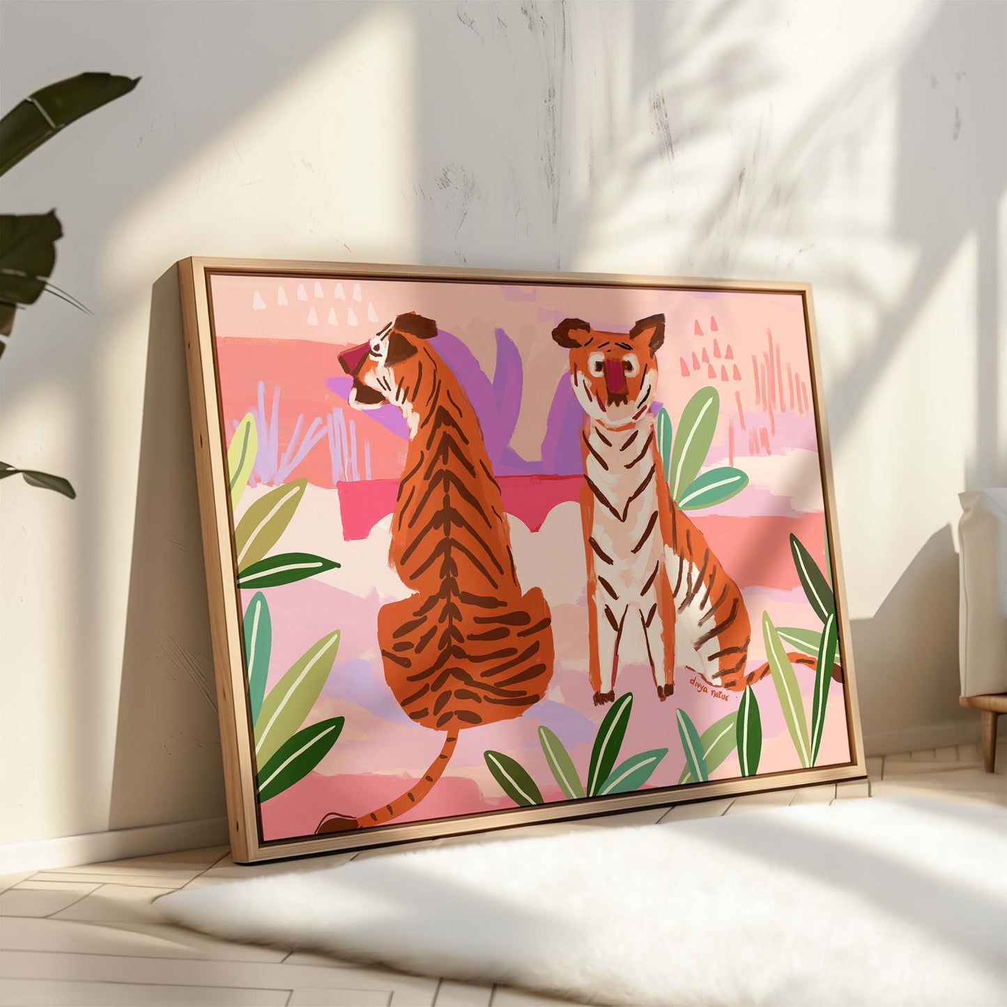 Bold tiger fine art print with lush green leaves and whimsical pastel background for jungle interiors