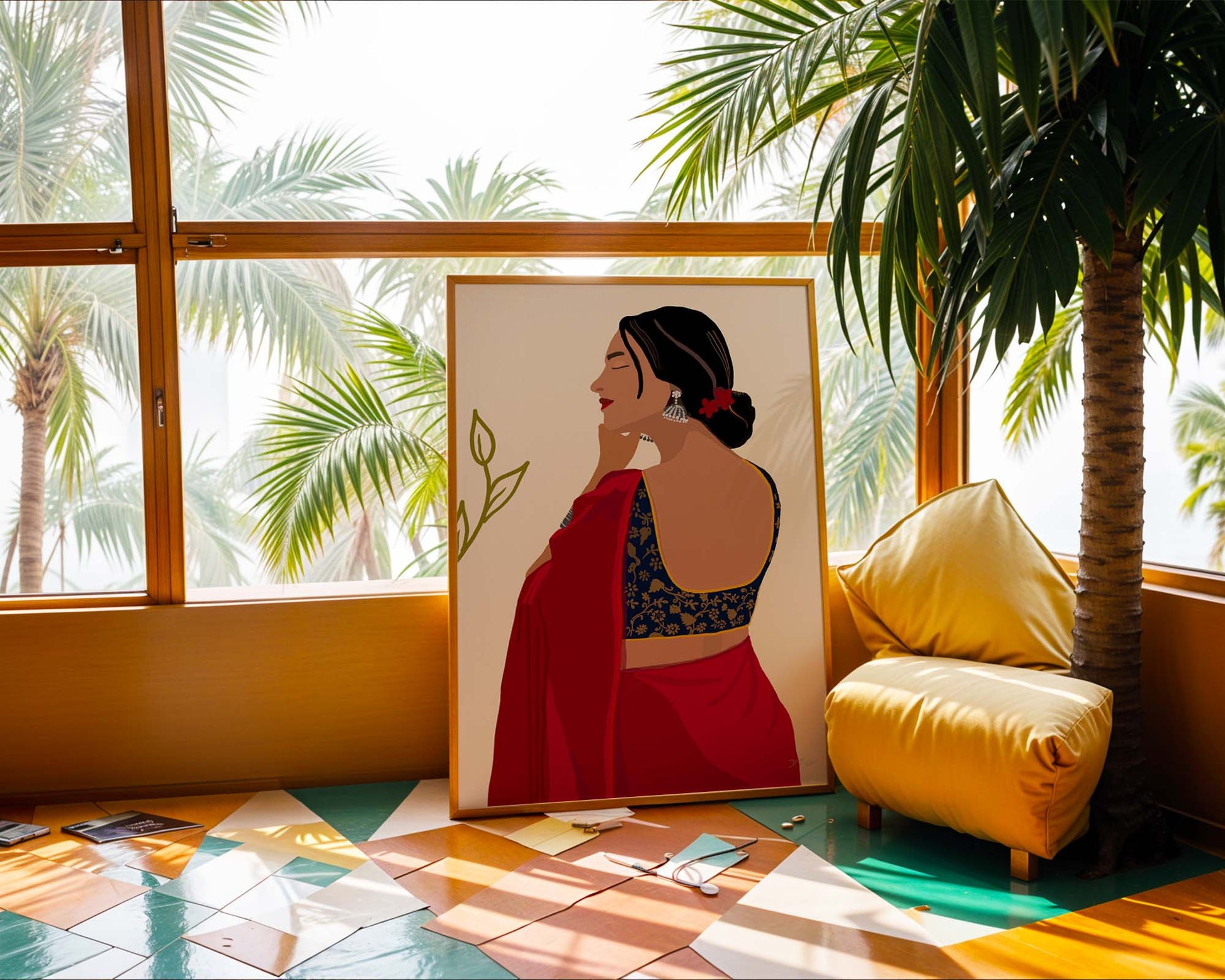 Indian woman art print for modern home decoration.