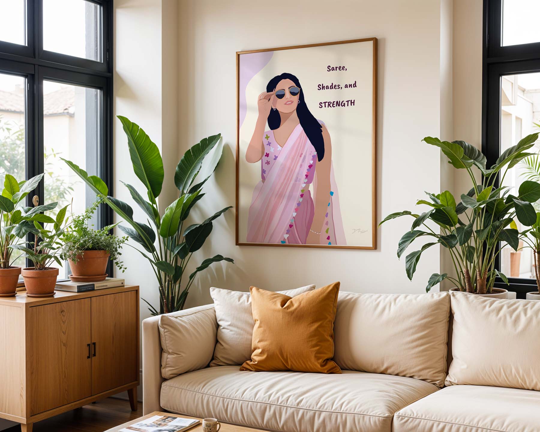 Confident woman wearing a pink saree and sunglasses, symbolizing strength and grace.