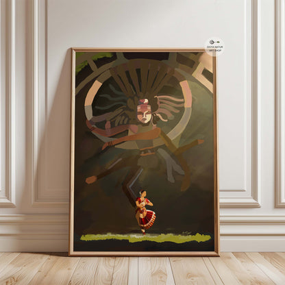Hindu devotional artwork featuring Nataraja and a graceful classical dancer