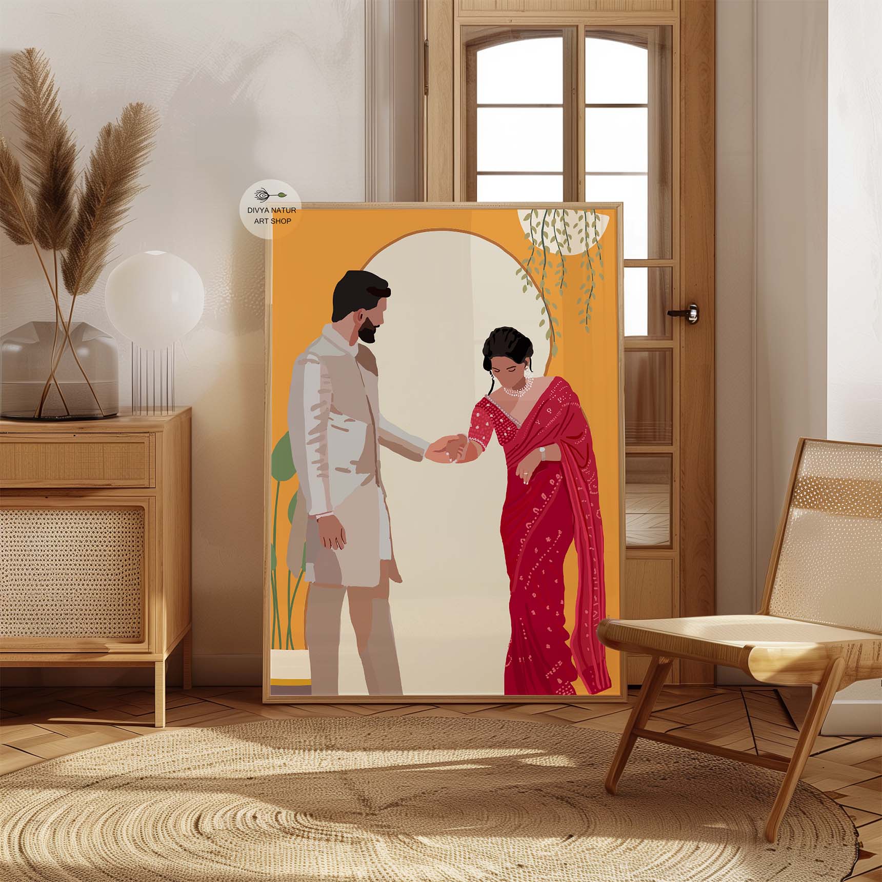 Romantic faceless couple illustration with a warm orange arch backdrop.