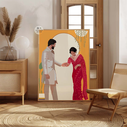 Romantic faceless couple illustration with a warm orange arch backdrop.
