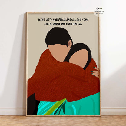Indian couple art print featuring a comforting embrace.